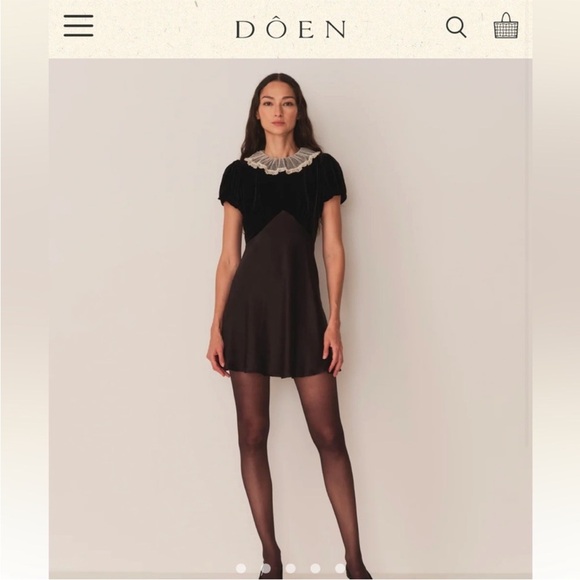 Doen Adelie Mini Dress Velvet Satin Silk Lace Collar Black Medium EUC - Picture 9 of 11